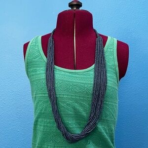 Handmade Dark Blue Multi Strand Seed Bead Boho Style Necklace W/ Yarn 19 Strands